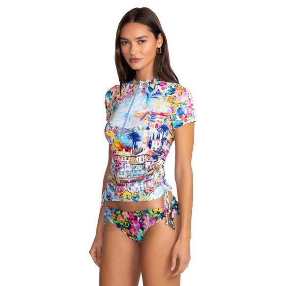 Johnny Was Cannes Drawstring Surf Shirt Short Swim Rash Guard White Blue Top NEW - Picture 2 of 8